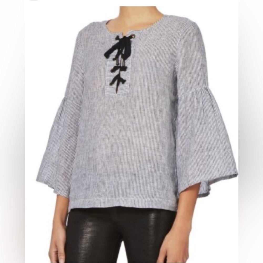 Tahari 100% Linen 2X Gray Stripe Lace Up Bell Sleeve Blouse Top